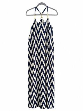 Julie Brown Navy Cream Chevron Maxi Dress Gold Hardware Size M